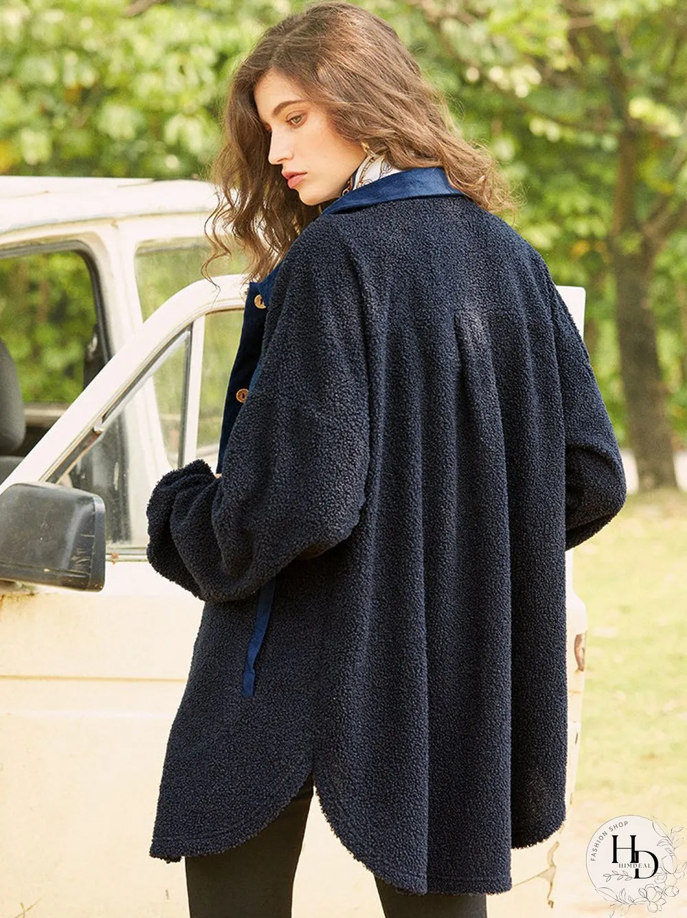 Fleece Patchwork Solid Color Hooded Long Sleeve Coat