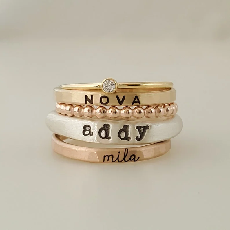 Personalized Stacked Name Ring Set Set of 5 Stack Rings Couple Rings Gifts for Parents and Friends