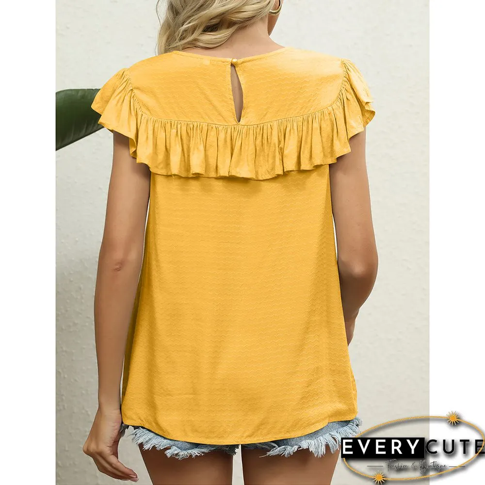 Yellow Lace Sweet Ruffle Short Sleeve Tops