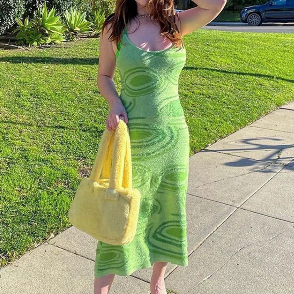 2021 Summer Dress Print Knit Bodycon Women Green Y2K Summer Hollow Out Sexy Sleeveless Spaghetti Strap Beach Midi Dresses Party