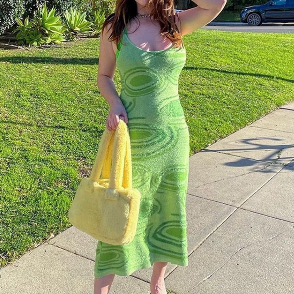 2021 Summer Dress Print Knit Bodycon Women Green Y2K Summer Hollow Out Sexy Sleeveless Spaghetti Strap Beach Midi Dresses Party