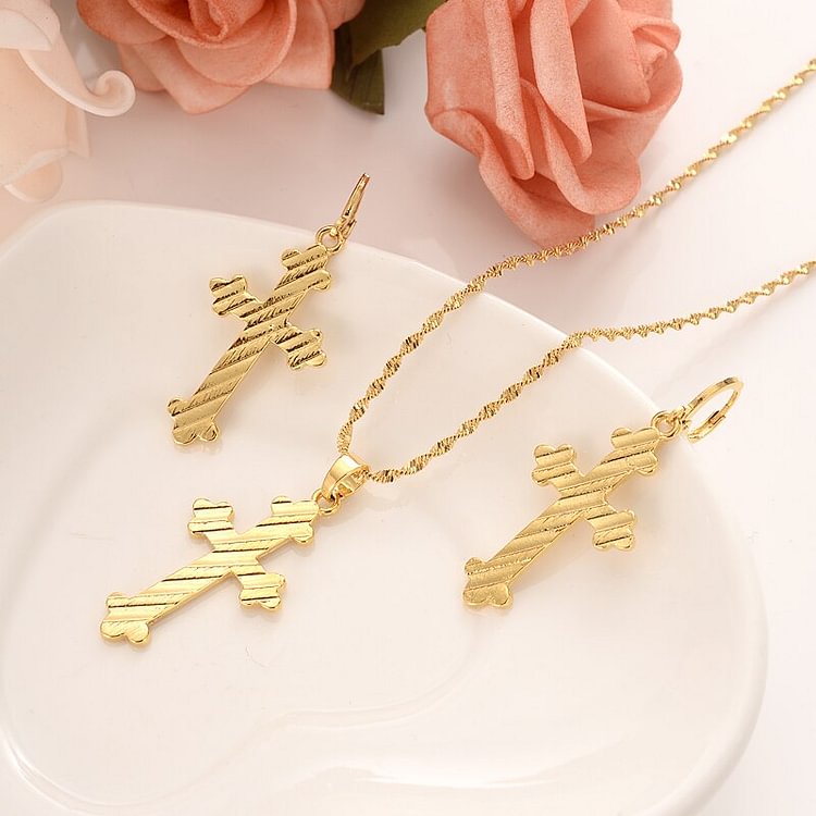 24k  gold  cross Pendant Necklace chain Earrings sets