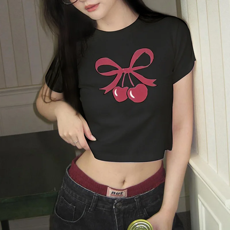 Wongn And Lovely Cherry Bow Printed Round Collar Basic T-Shirt Girls Wear A New Style Of Simple Blouse In Summer