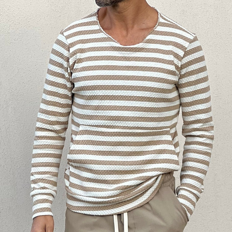 Vintage Cotton Striped Khaki Long Sleeve T-Shirt
