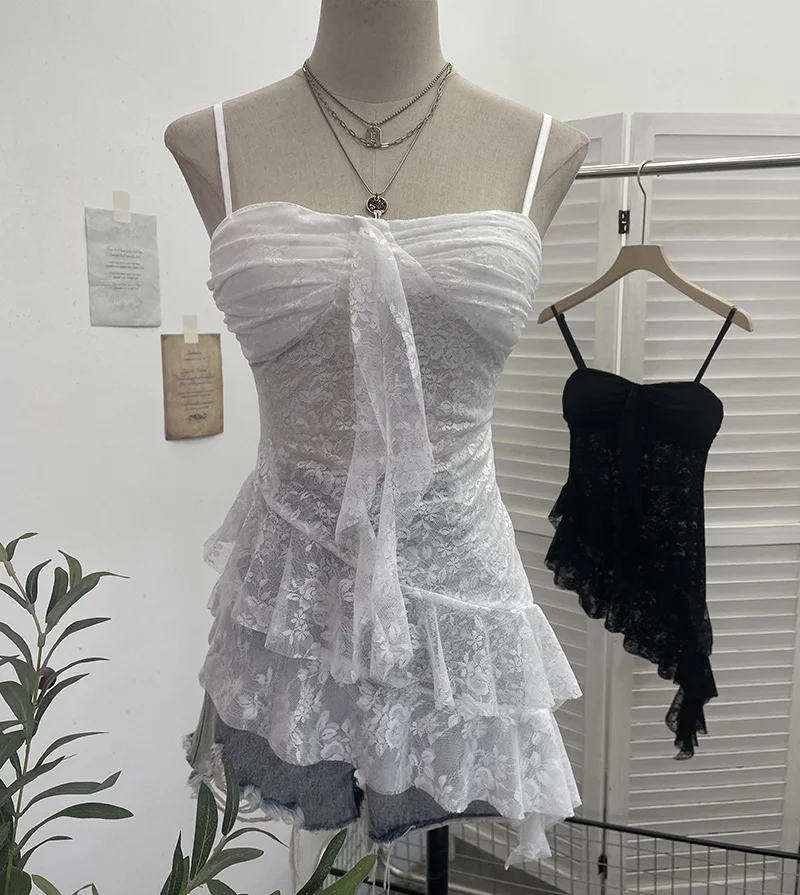 Uveng Real Shoot Sweet Spice Girls Irregular Lotus Side With Chest Pad Sling Vest Sexy Lace Sleeveless Top 1139