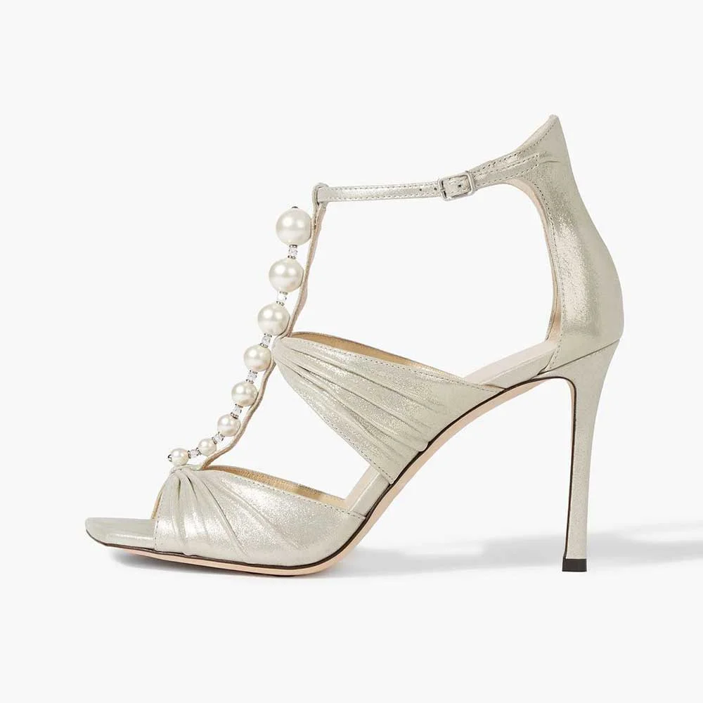 Champagne Open Toe Pearl Embellished T-Strap Heeled Wedding Sandals Nicepairs