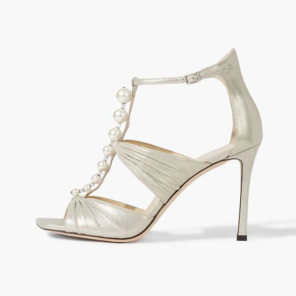 Classy Champagne Open Toe Pearl Embellished T-Strap Wedding Heels