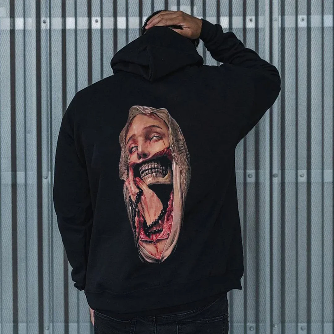 Disconsolate Nun Skull Mid-Century Style Black Print Hoodie