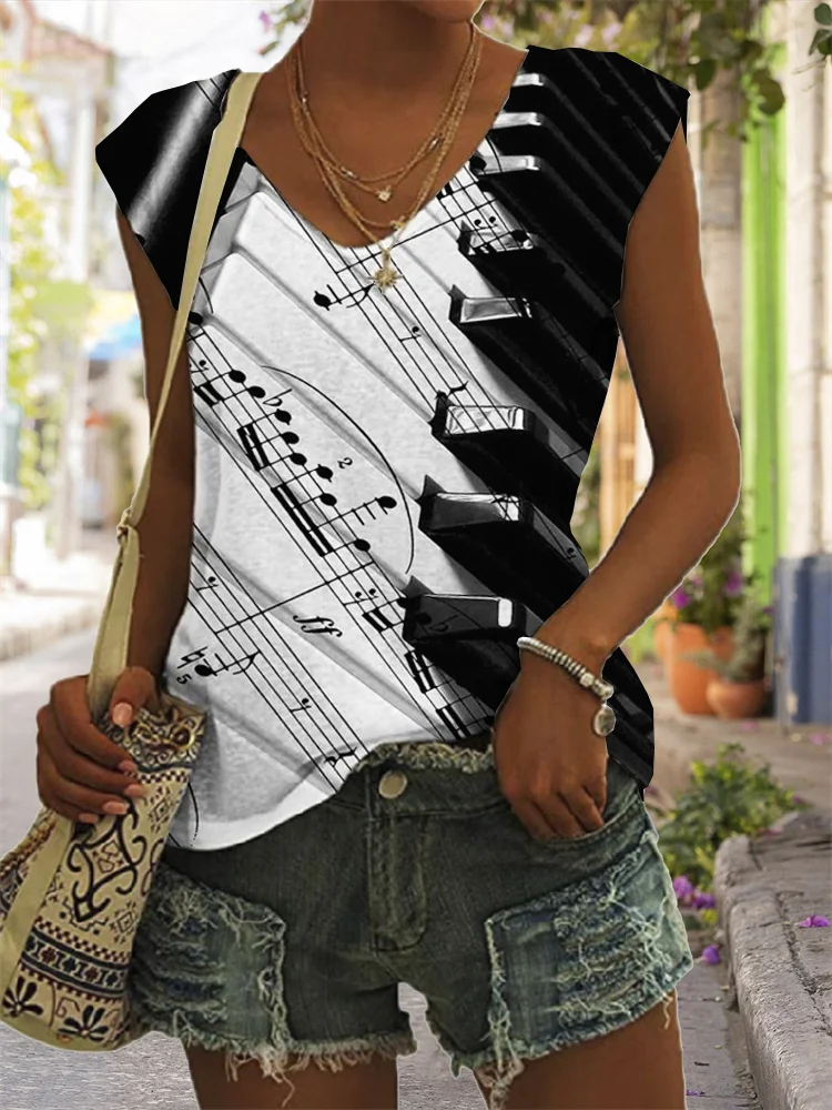 Piano Sheet Music V Neck Casual Tank Top