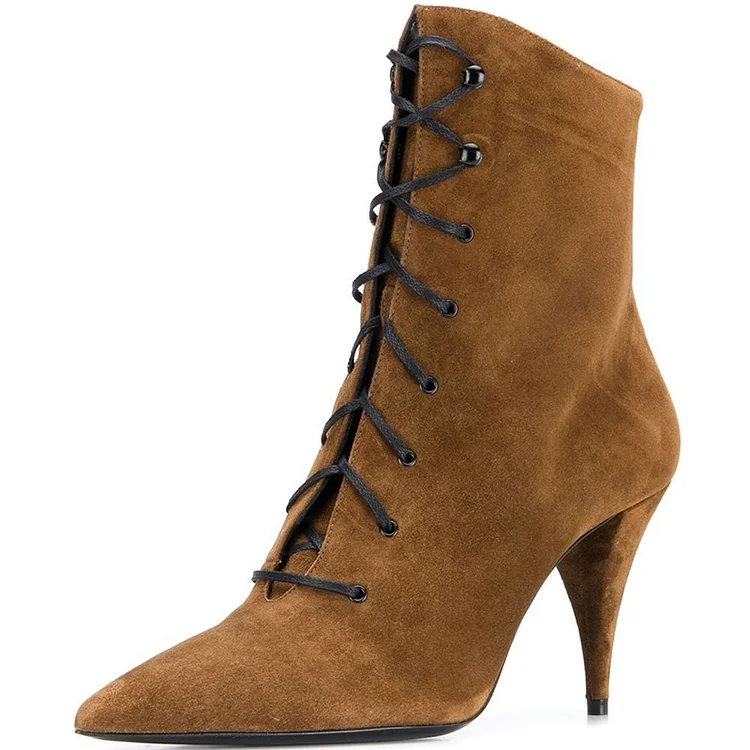 Brown Suede Lace Up Boots Cone Heel Ankle Boots |FSJ Shoes