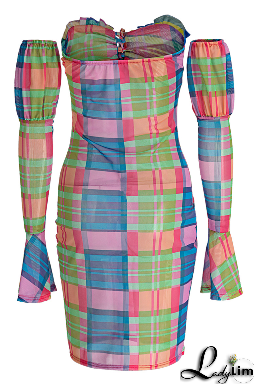 Blue Sexy Plaid Split Joint Off the Shoulder Pencil Skirt Dresses