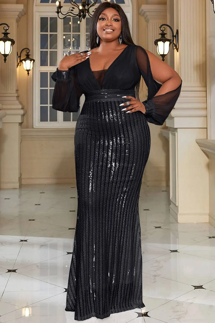 Xpluswear Design Plus Size White Formal V-Neck Split Sleeve Mermaid Sequin Evening Maxi Dress  2024 - Xpluswear