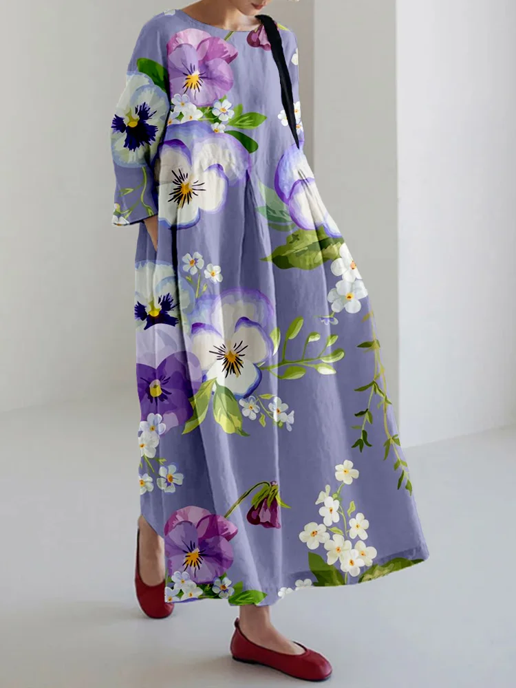 VChics Pansy Flower Pattern Linen Blend Maxi Dress
