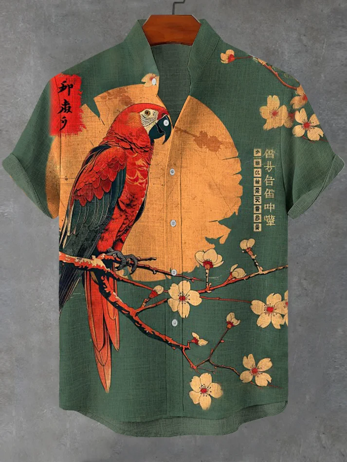 Men's Japanese Parrot Sakura Art Print Casual Linen Blend Shirt