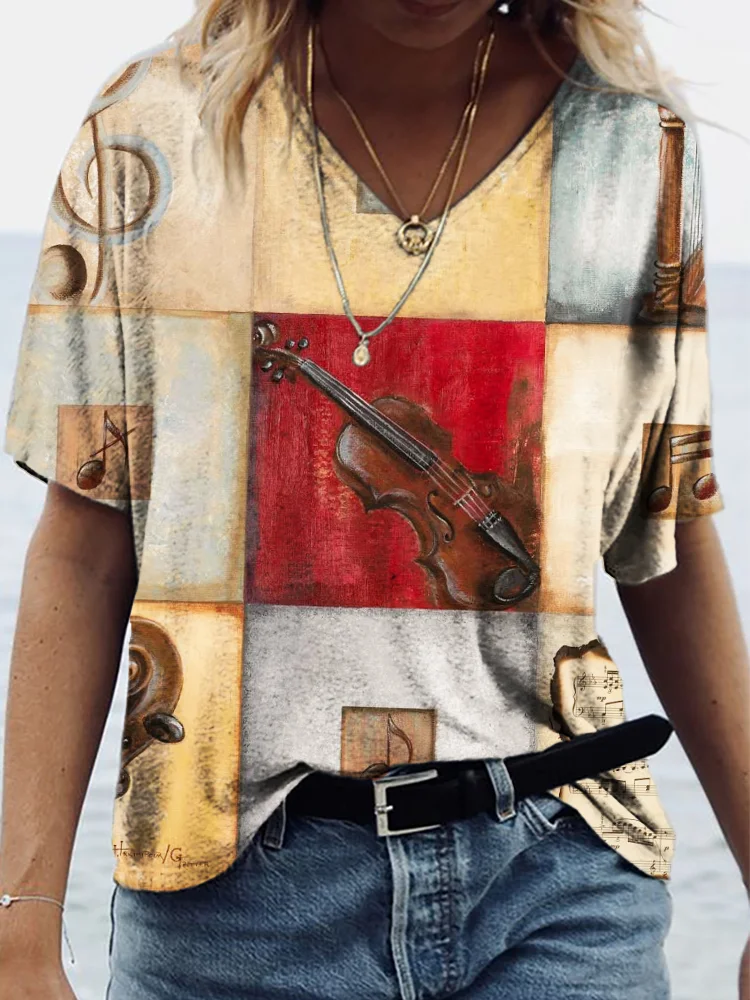 Vintage Music Poster Inspired V Neck Comfy T Shirt