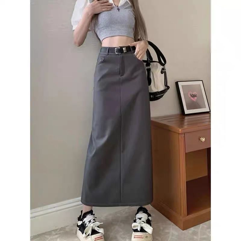 Aiertu business casual outfits Gray A- line Skirt for Women plus Size Chubby Girl High Waist Slimming Mid-Length Suit Skirt for Summer aiertu