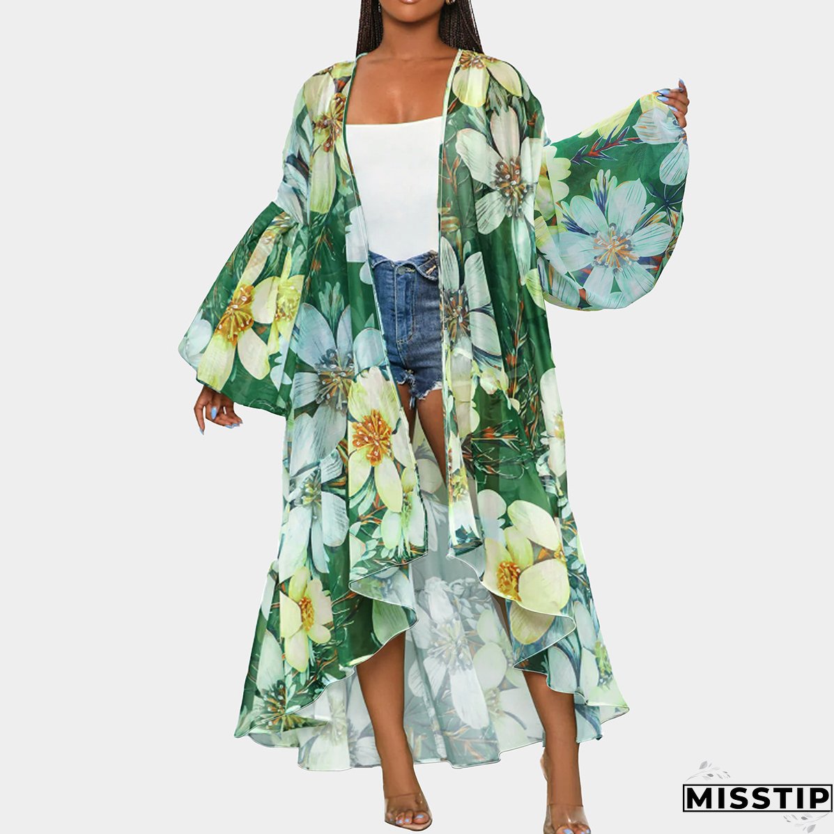 Casual Spring and Autumn Women's Lantern Sleeve Irregular Long Printed Coat