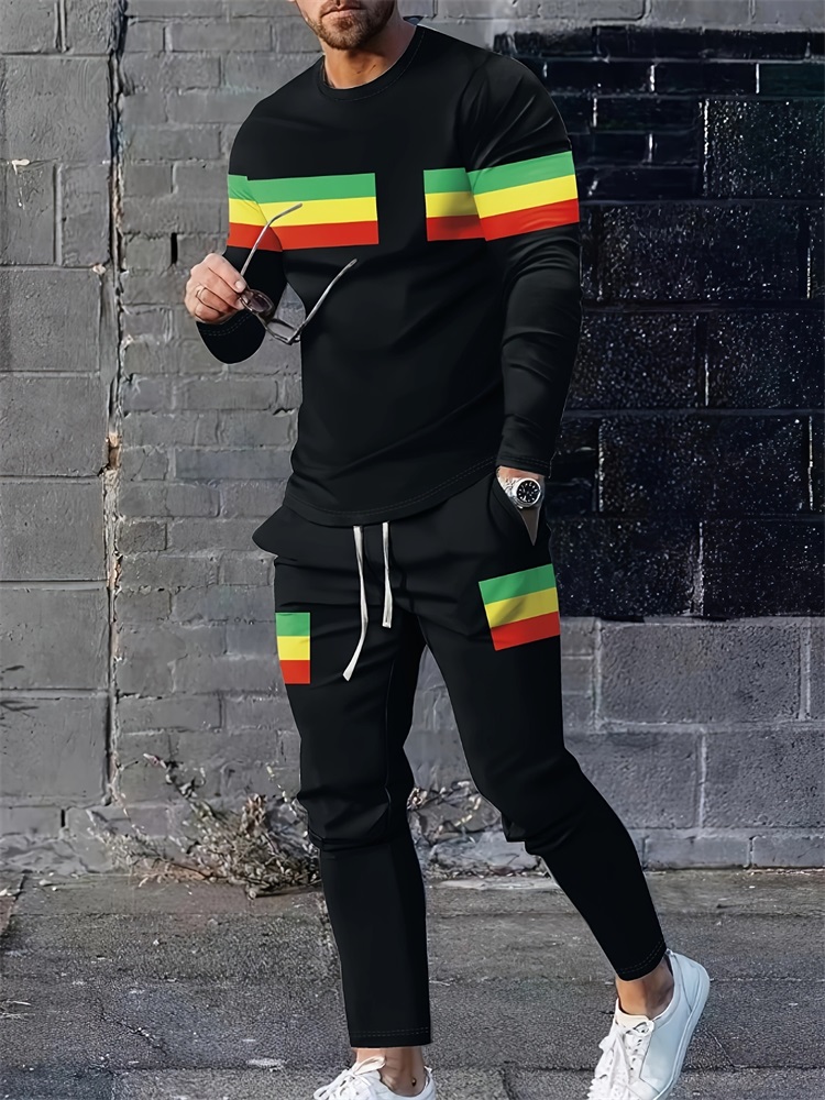 Geswet 2025 New Spring And Autumn Men's Long Sleeve T-shirt And Long Pants Set Daily Street Men's Fashion Long Sleeve T-shirt