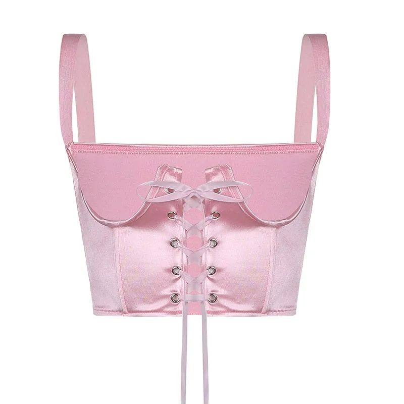 Rapcopter y2k Pink Lace Up Corset Top Backless Cute Sweet Strap Mini Vest Buister Cummerbund Sweats Women Fairycore Crop Top New