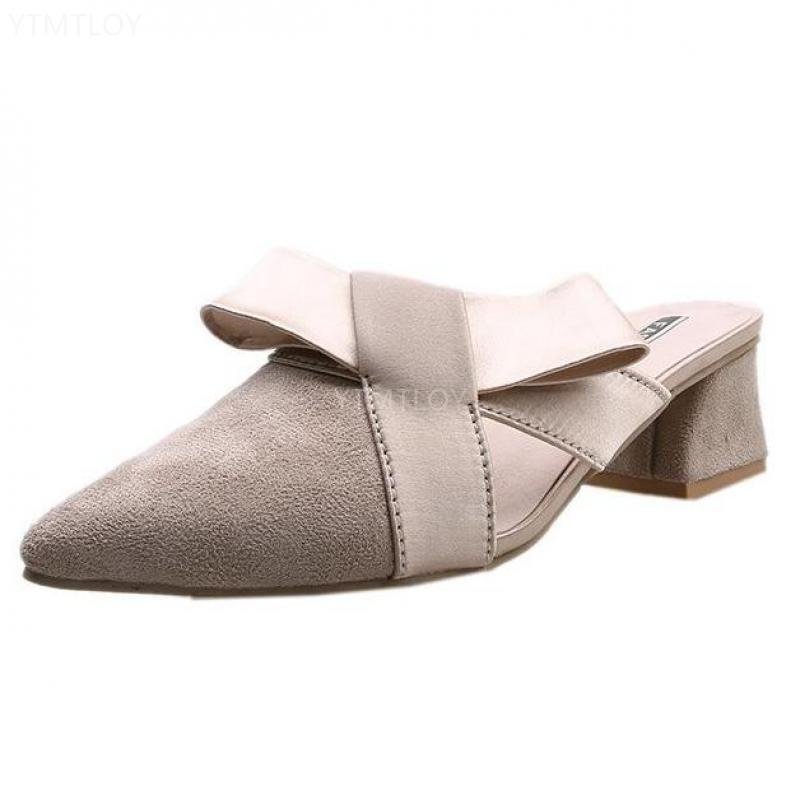 2022 Hot Sales Pointed Toe Women Slippers Bow Slides Party Square High Heels Mules Shoes Elegant Ytmtloy Indoor Zapato Mujer
