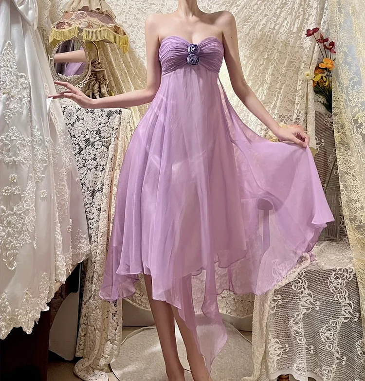 Purple Floral Elegant Short Homecoming Dress Chiffon Ball Gown Evening Gown Party Dress Bridesmaid Dresses
