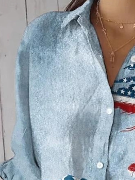 Women 3/4 Sleeve Shirt Collar National Flag Striped Printed Graphic Button Tops