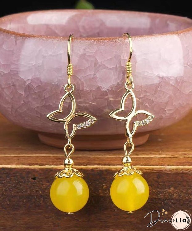 Retro Red Cinnabar Sterling Silver Overgild Zircon Drop Earrings