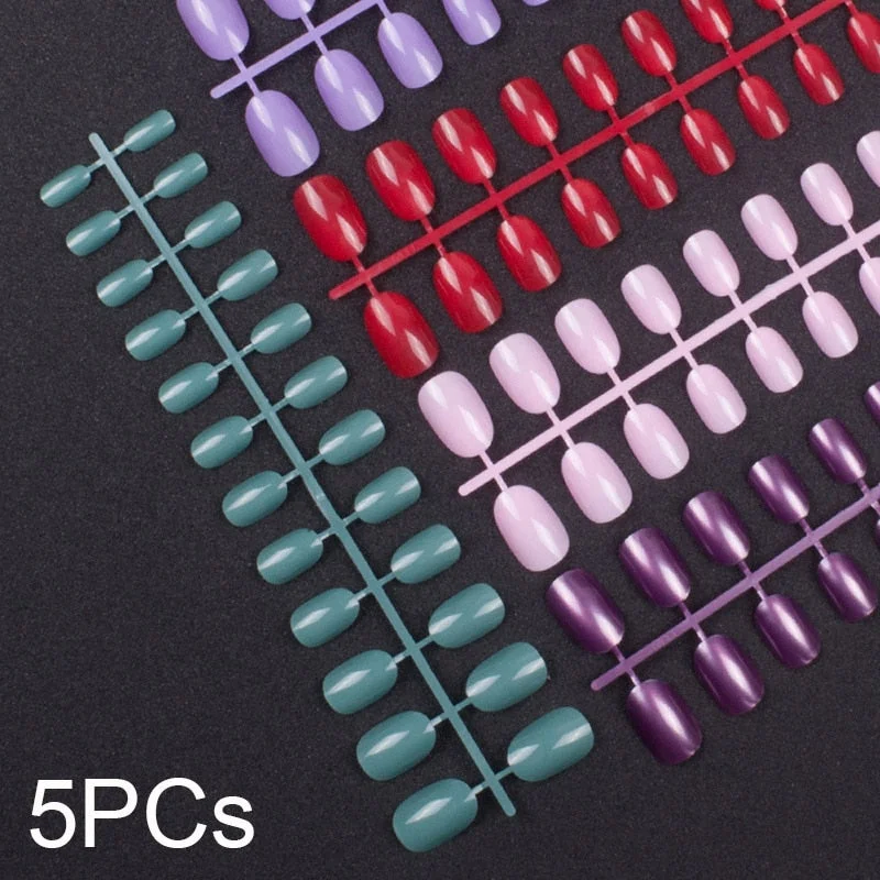 5 Set Mixed Colors 24 Pieces Per Set Fashion Round Colored False Nails Full Cover 10 Size Fake Nails for DIY Press on Nails-Nail Inspo