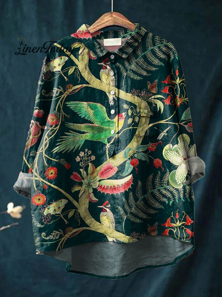 Vintage Lovely Birds Floral Art Print Casual Cotton And Linen Shirt Multicolor / S