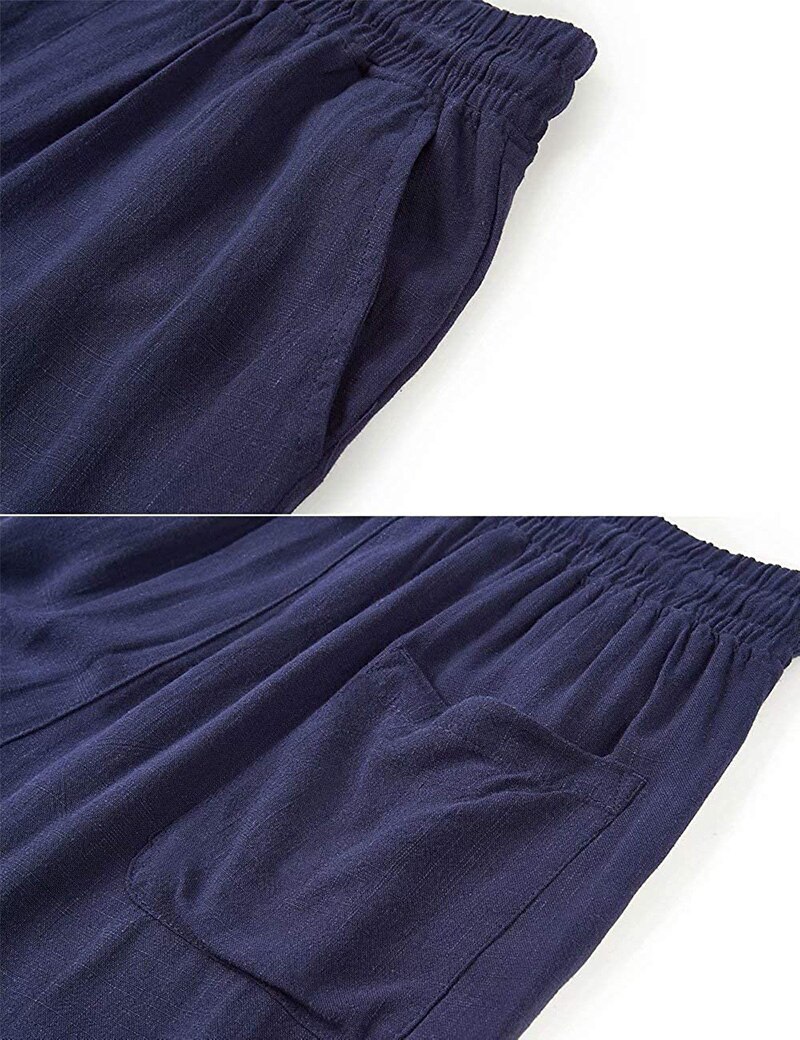 Men Linen Cotton Shorts Fashion Solid Color Drawstring Elastic Waist