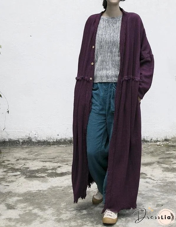 Women Loose Autumn Cotton Linen Ripped Retro Trench Coat Outerwear