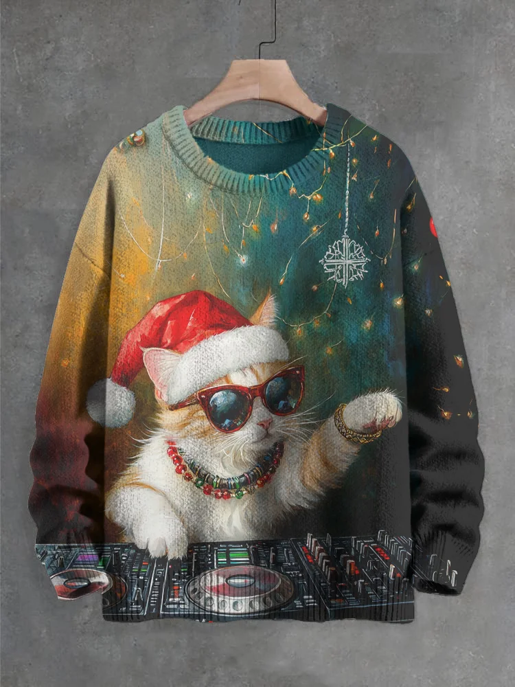 Men's Christmas Handsome Cat DJ Art Print Knit Sweatshirt