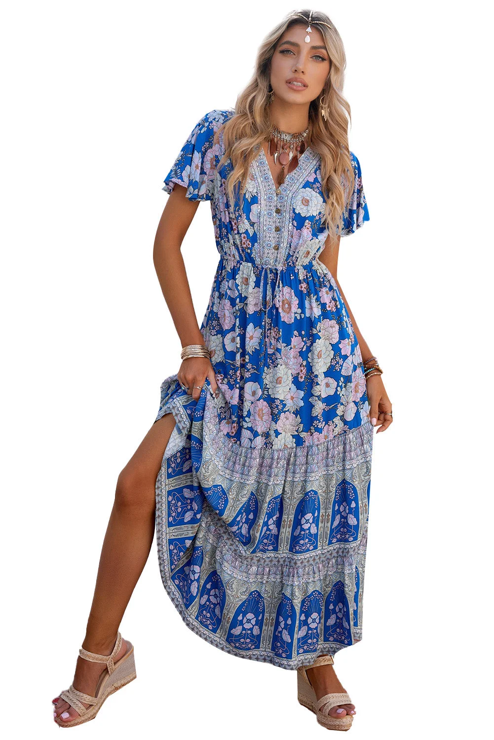 Women Blue Floral Print Buttoned V Neck Drawstring High Waist Maxi Dress