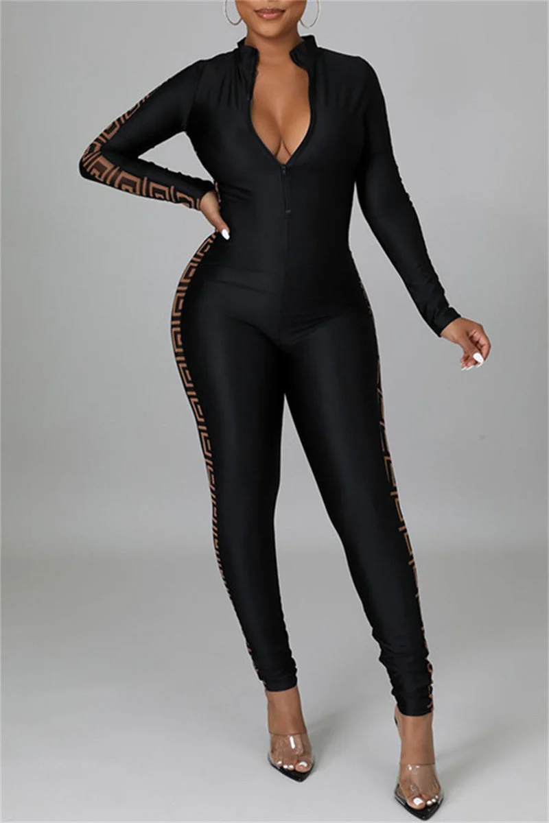 Fashion Casual Print Split Joint Zipper Collar Skinny Jumpsuits