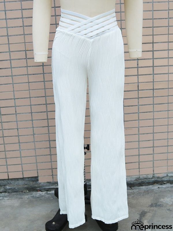 Loose Wide Leg Elasticity Hollow Pleated Solid Color Pants Trousers