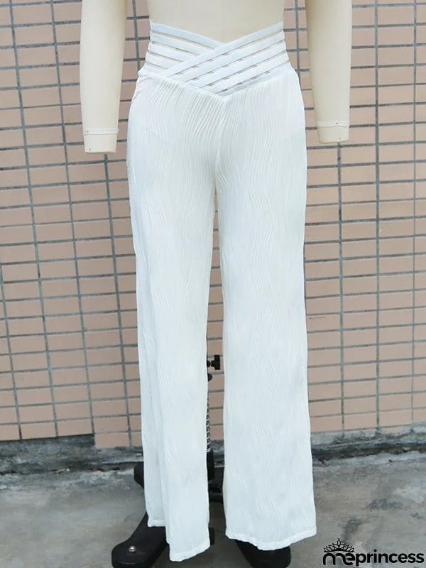 Loose Wide Leg Elasticity Hollow Pleated Solid Color Pants Trousers