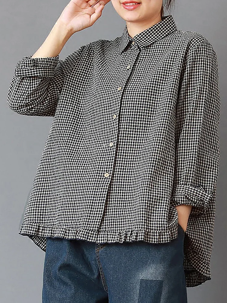 Plus Size - Women Plaid Hand-Made Linen Cotton Loose Shirt