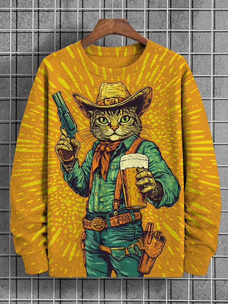 Men's Western Cowboy Cat Art Print Casual Sweatshirt