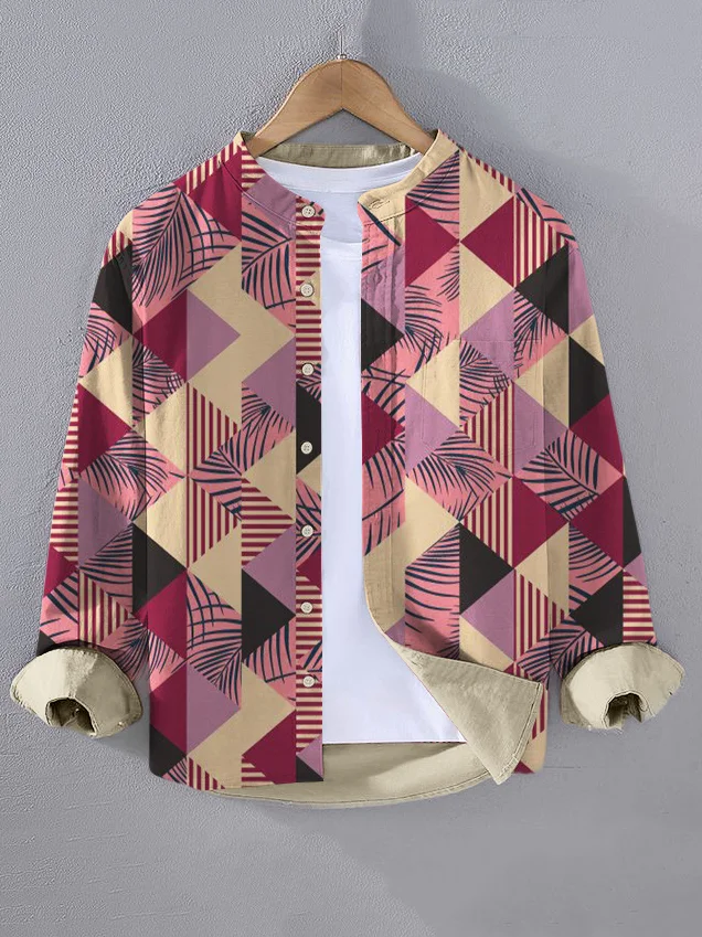 Men's Vacation Hawaiian Plants Geometric Art Print Long Sleeve Shirt