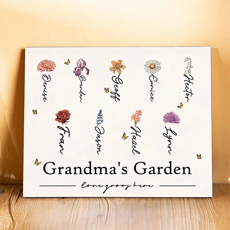 Personalized Text Wooden Plaque Custom 1–12 Birth Flowers & Names Home Decor Garden Sign Gift for Grandma - Love Grows Here