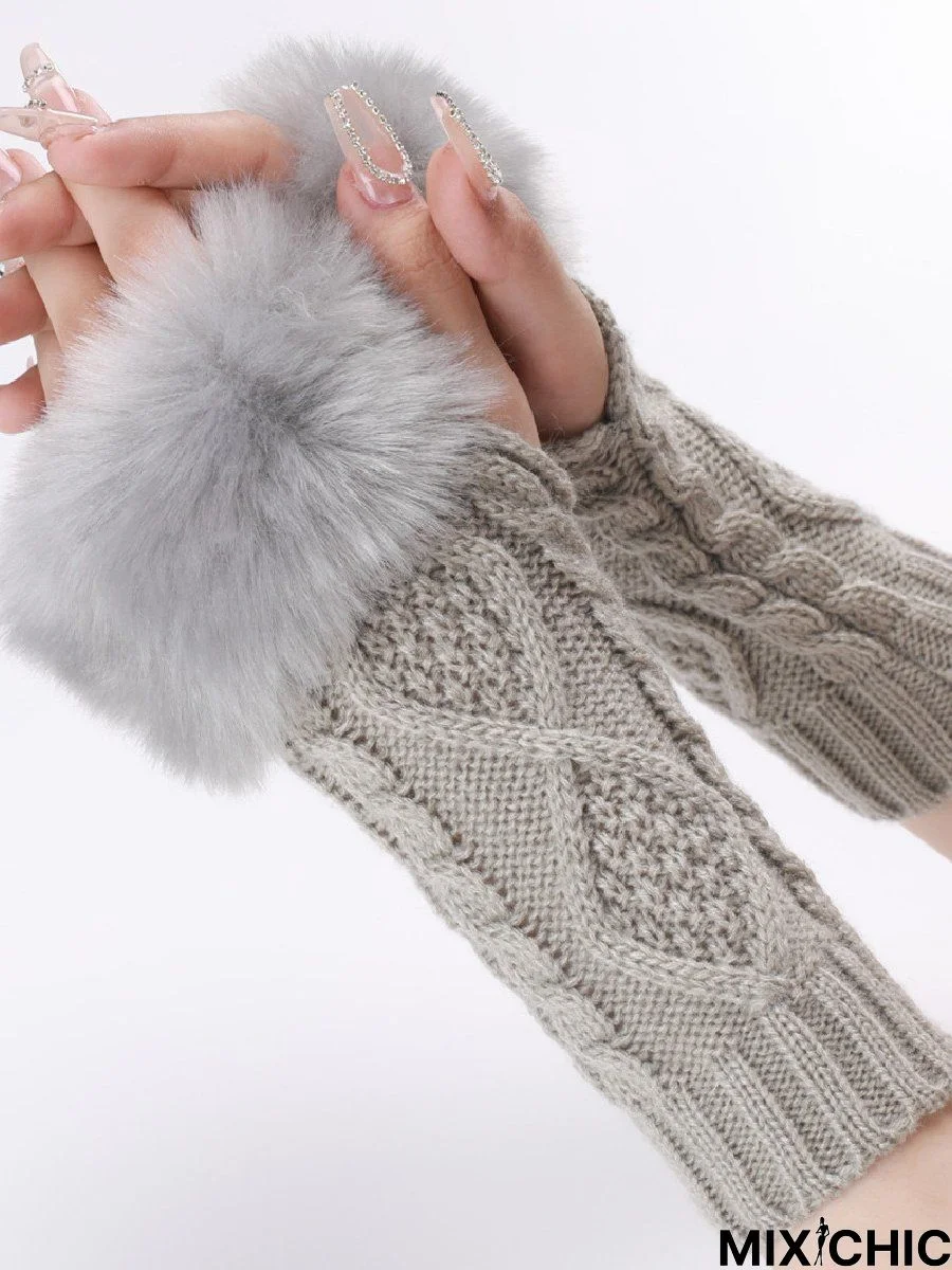 Casual Wool Knitted Twist Pattern Patch Plush Half Finger Gloves