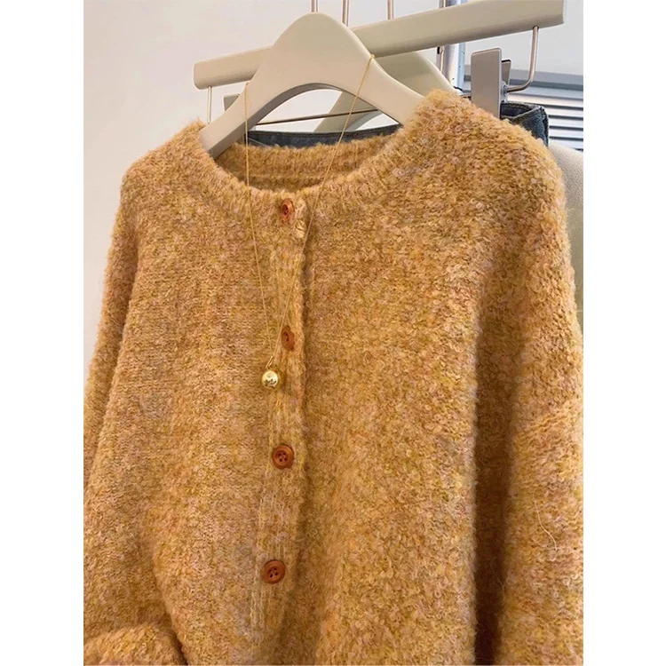 Athvotar Athvotar Yellow Sweater Women's Round-Neck Knitted Open Shirt Jacket Women's Autumn 2025 New Loose Age Reduction Top