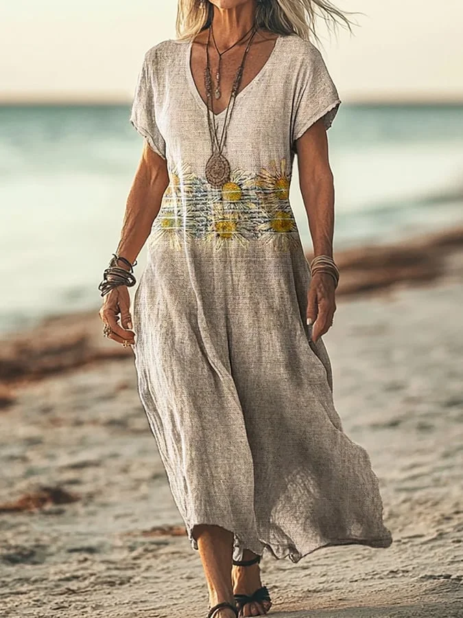 Women's Casual V-Neck Cotton And Linen Short-Sleeved Dress