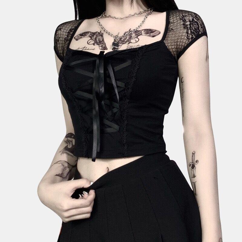 Sheer Mesh Sleeved Lace-up Fitted Tops