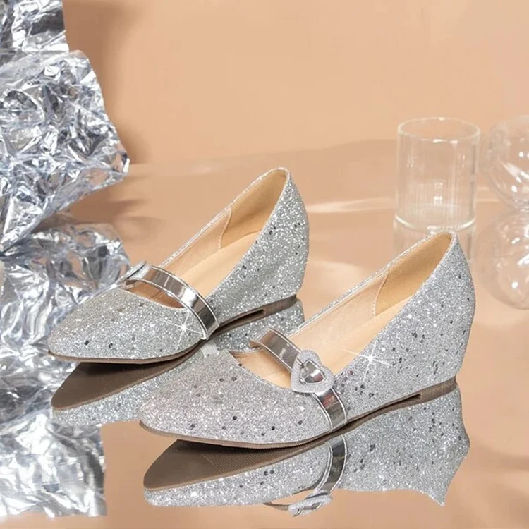 Silver Glitter Shoes Women's Pointed Toe Wedge Pumps Evening Heels |FSJ Shoes