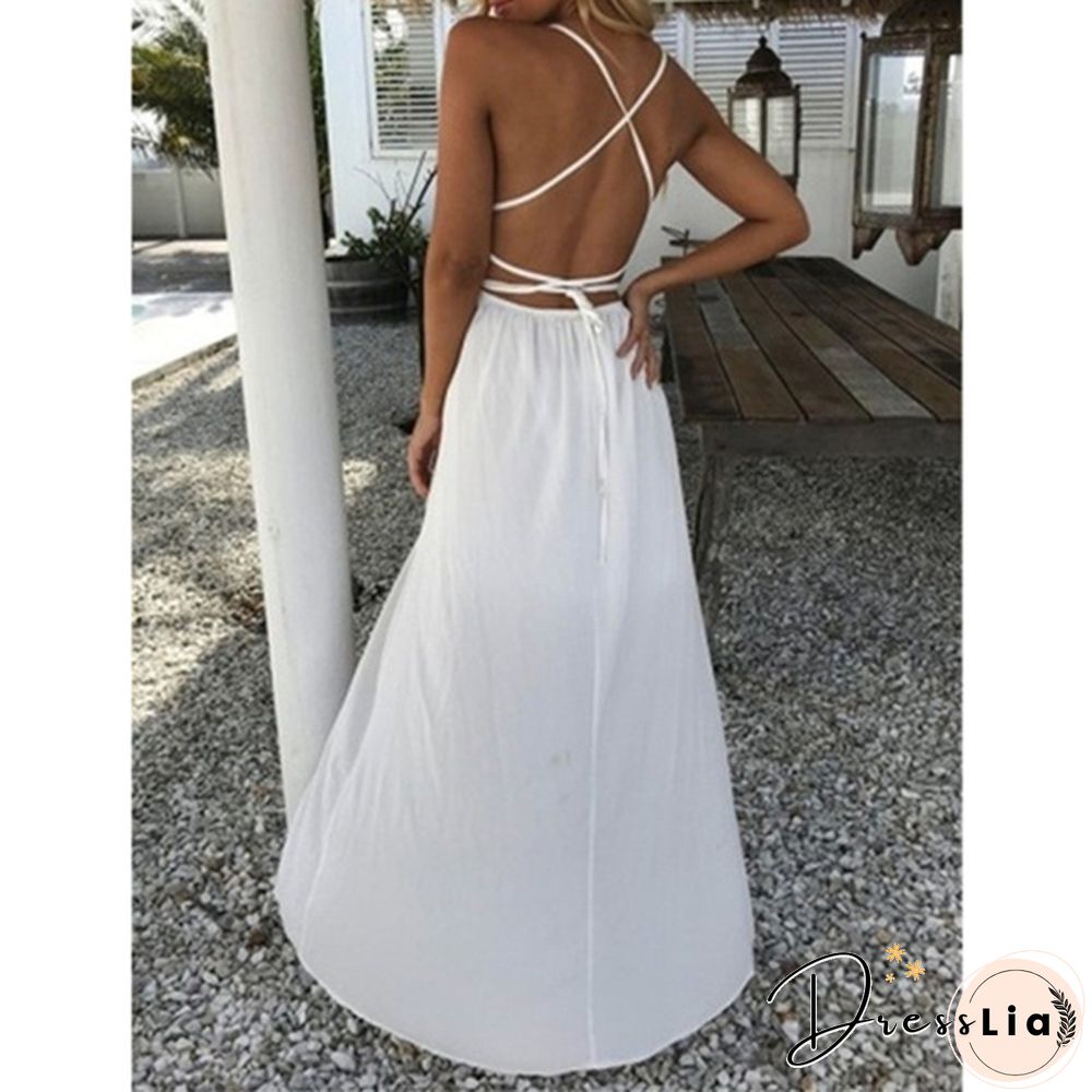 Boho Women Long Dress Backless Halter V Neck Maxi Beach Bohemia Dresses Sundress