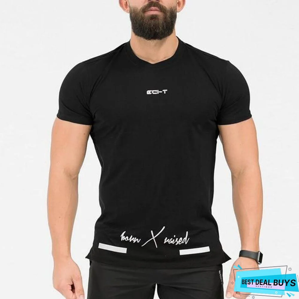 Mens Short Sleeve Cotton T-Shirt Gyms Fitness Workout T-Shirt Male Casual Print O-Neck Slim Tees