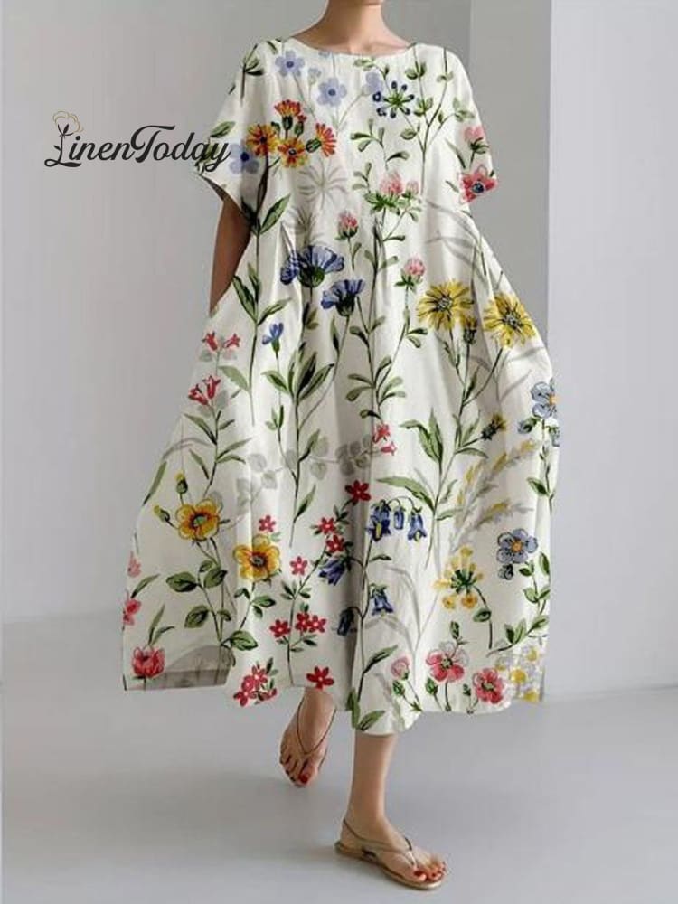 Women’s Vintage Lovely Floral Art Print Large Size Loose Casual Dress Multicolor / S