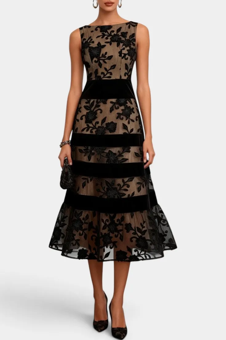 Structured Floral Embroidered Midi Dress with Velvet Accents