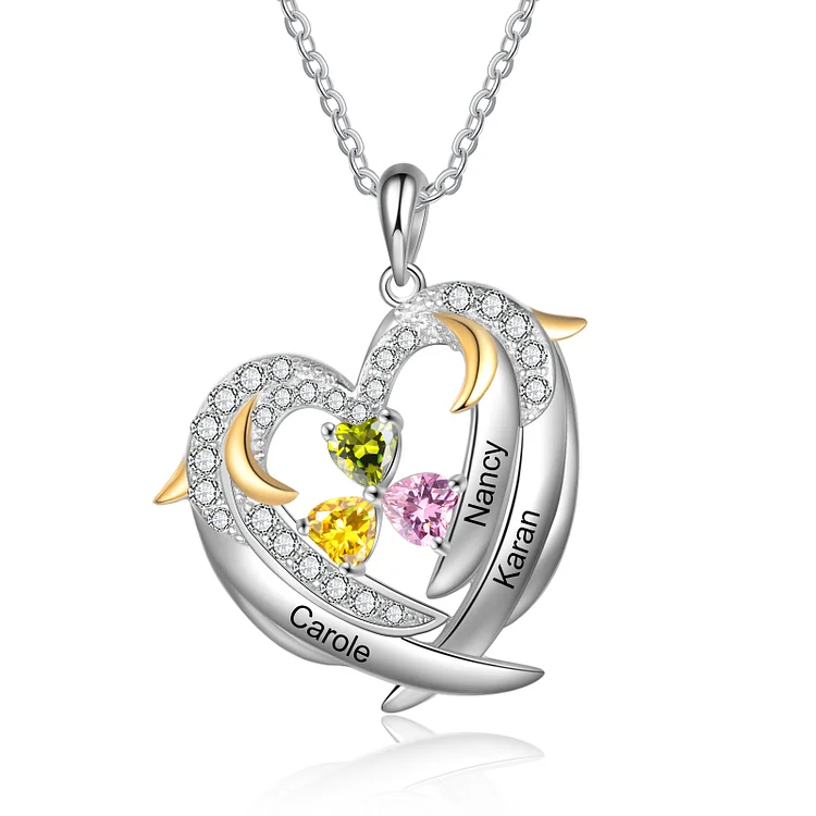 Personalized Heart Angel Wings Necklace with 3 Birthstones
